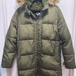 Olive Green Kids Puffer Jacket with Faux Fur Hood